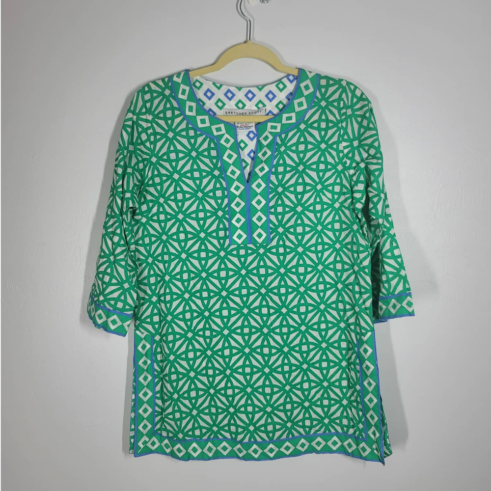 Gretchen Scott Pinwheels Tunic Top Size S Split V-Neck 3/4 Sleeve Green Cotton
